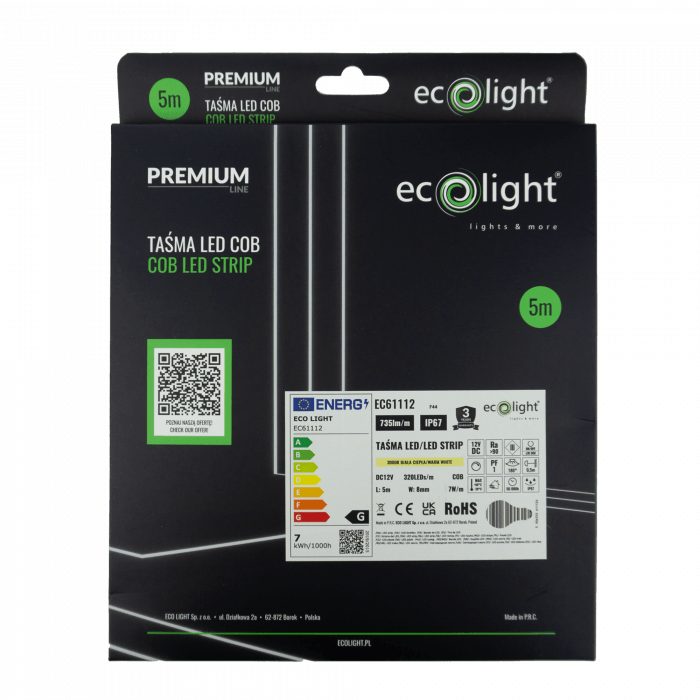 Banda LED COB 3000K 7W/m 735lm 12V IP67 rola 5m