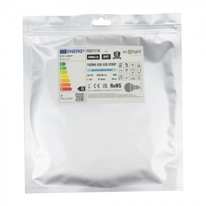 Banda LED COB 6000K 7W/m 840lm 12V IP67 rola 5m