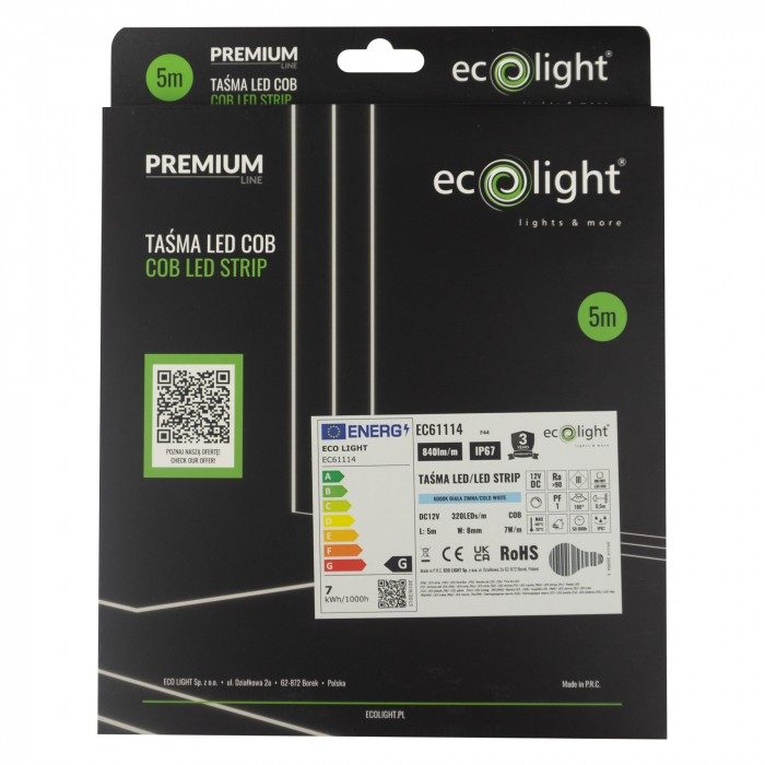 Banda LED COB 6000K 7W/m 840lm 12V IP67 rola 5m