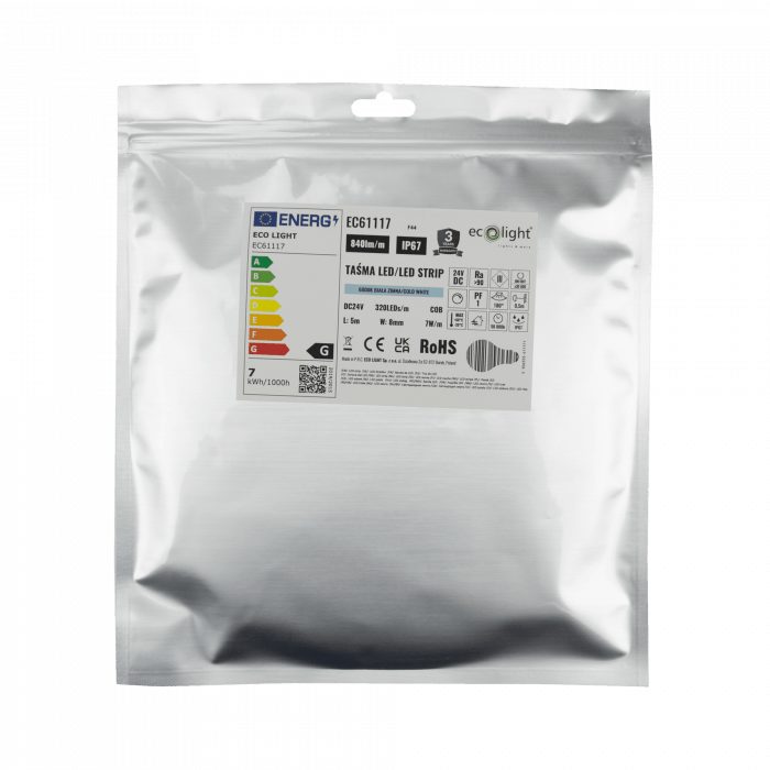 Banda LED COB 6000K 7W/m 840lm 24V IP67 rola 5m