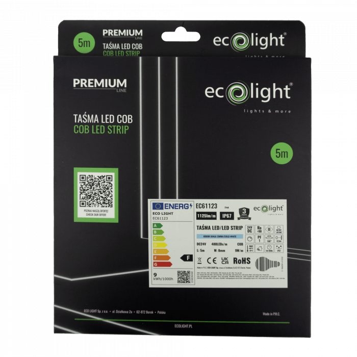Banda LED COB 6000K 9W/m 1125lm/m 12V IP67 rola 5m