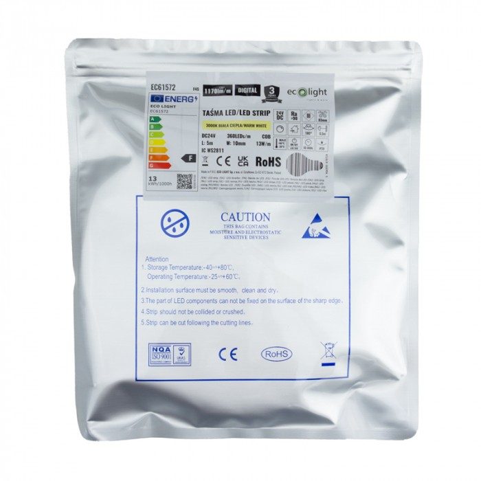 Banda LED COB IC Digitala 24V 360 13W/m 3000K 1170lm/m IP20 5m
