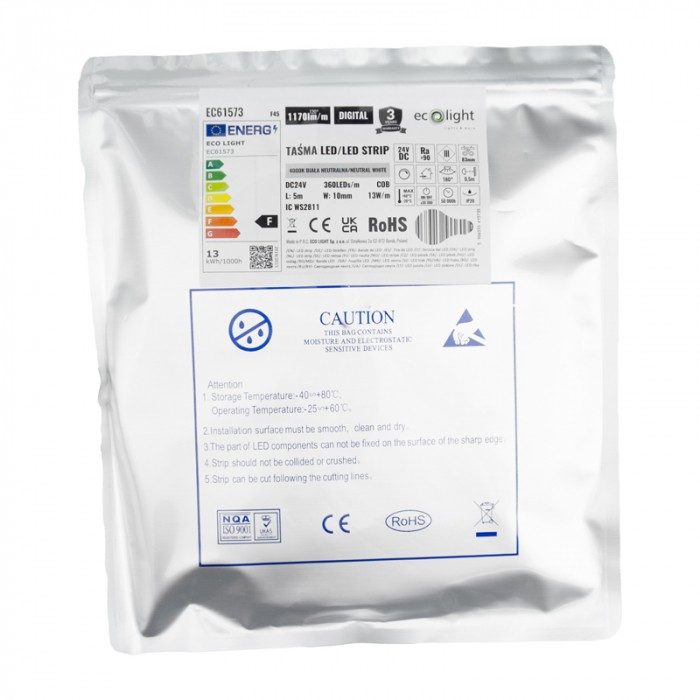 Banda LED COB IC Digitala 24V 360 13W/m 4000K 1170lm/m IP20 5m