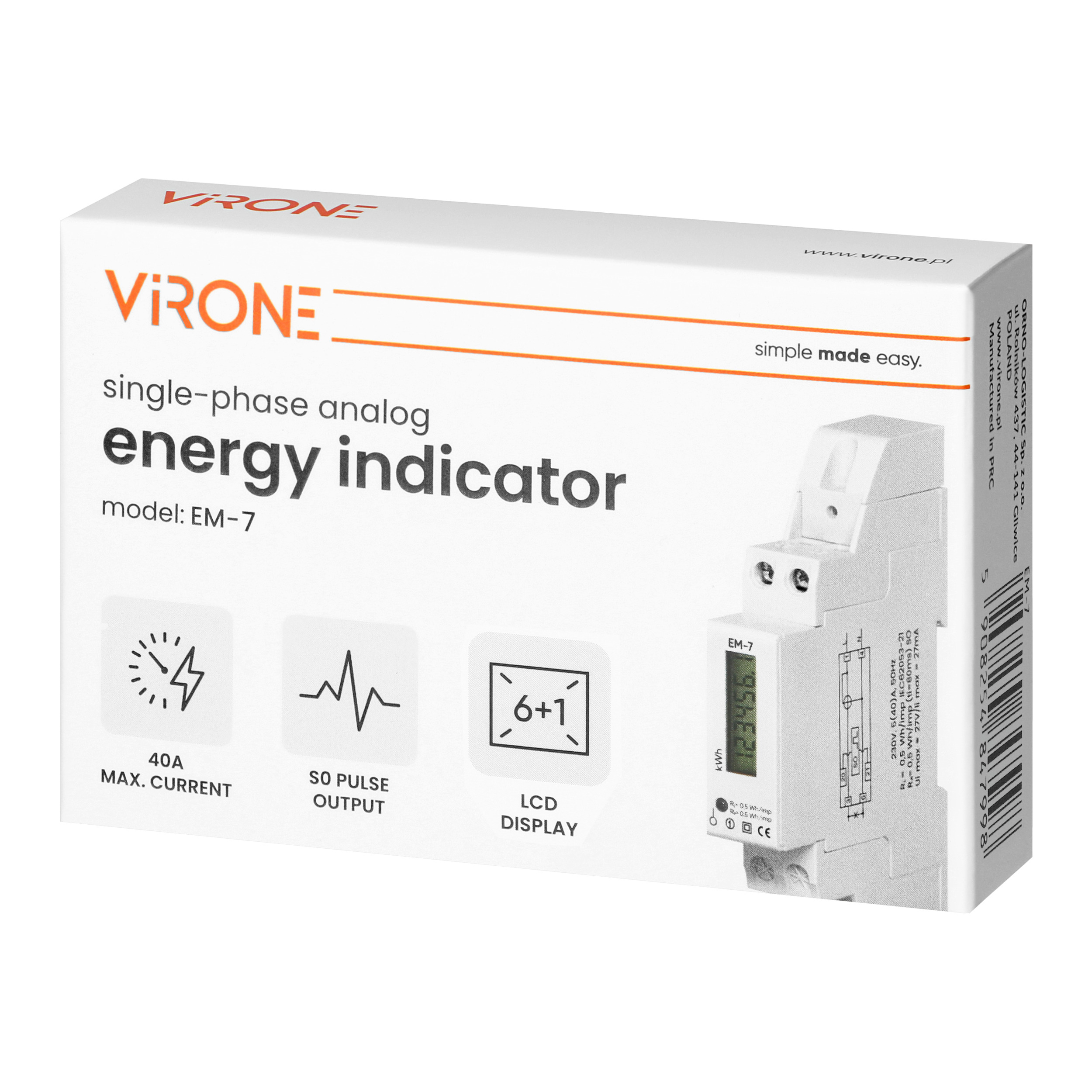 Contor monofazic digital 40 A, 1 modul DIN, TH-35 mm