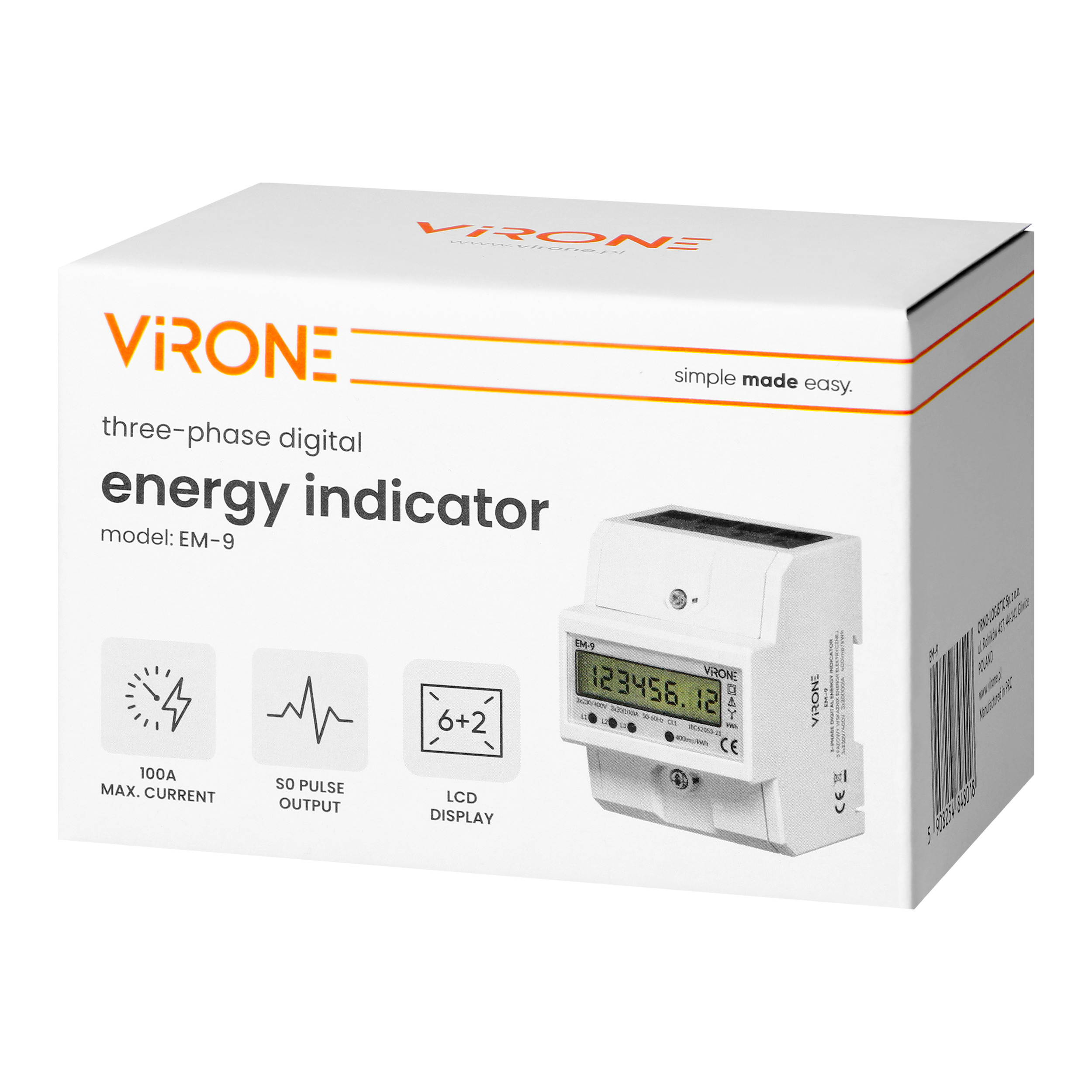 Contor trifazic digital 100 A, 4 module DIN, TH-35 mm