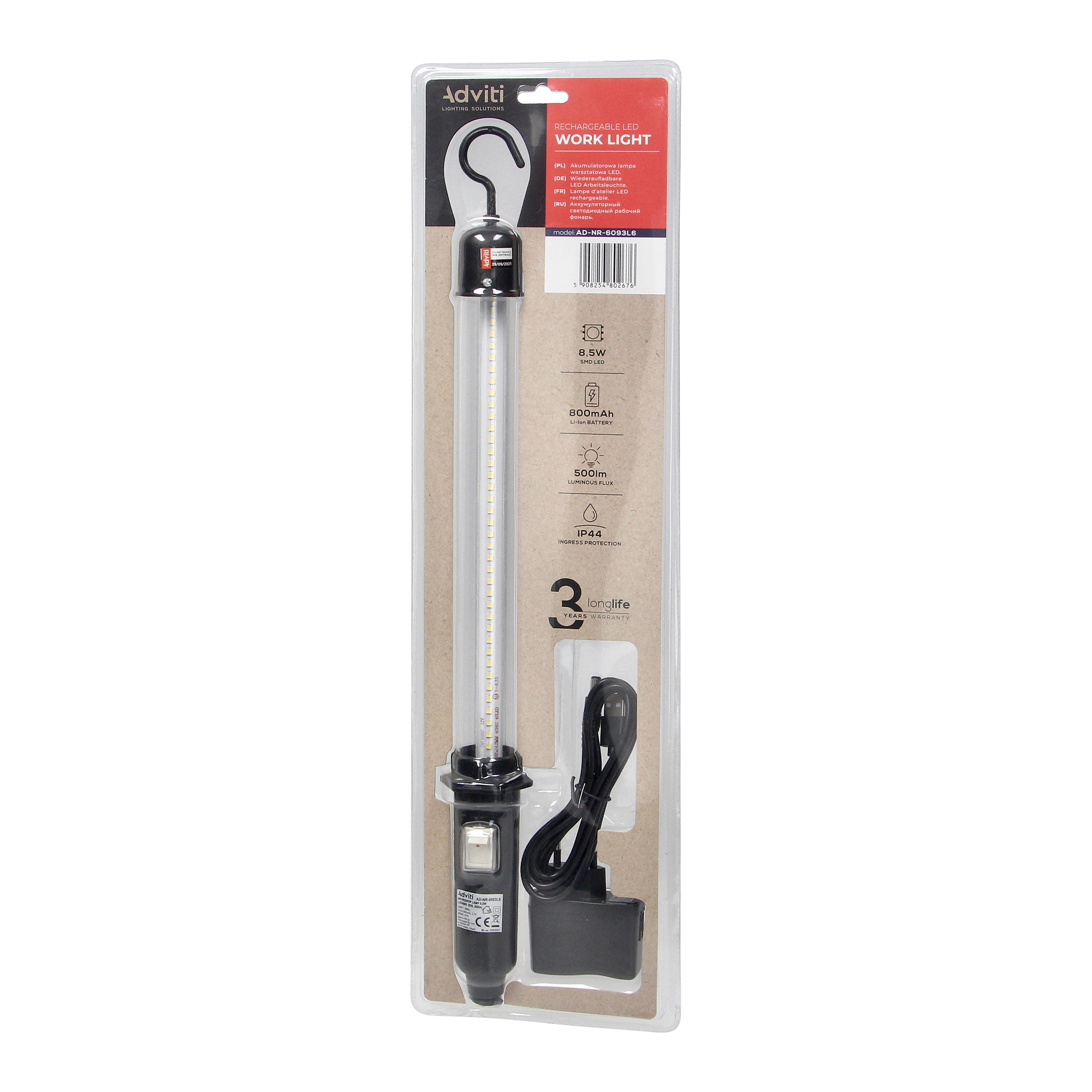 Lampa de lucru LED liniara cu acumulator, 8.5 W, 500 lm, 6000K, IP44