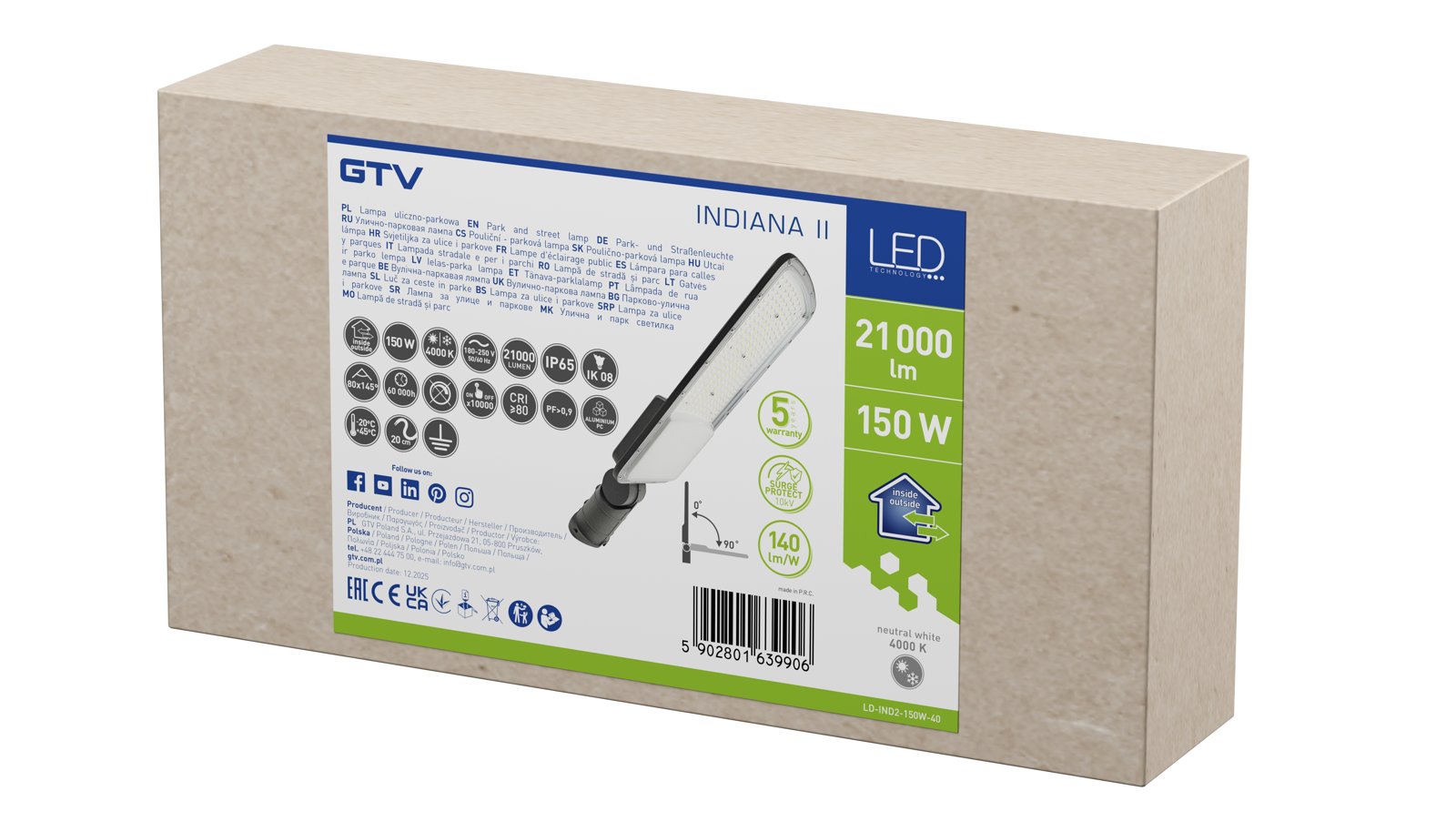 Lampa stradala INDIANA II LED 150W 21000lm 4000K AC180-250V 10kV IP65 gri