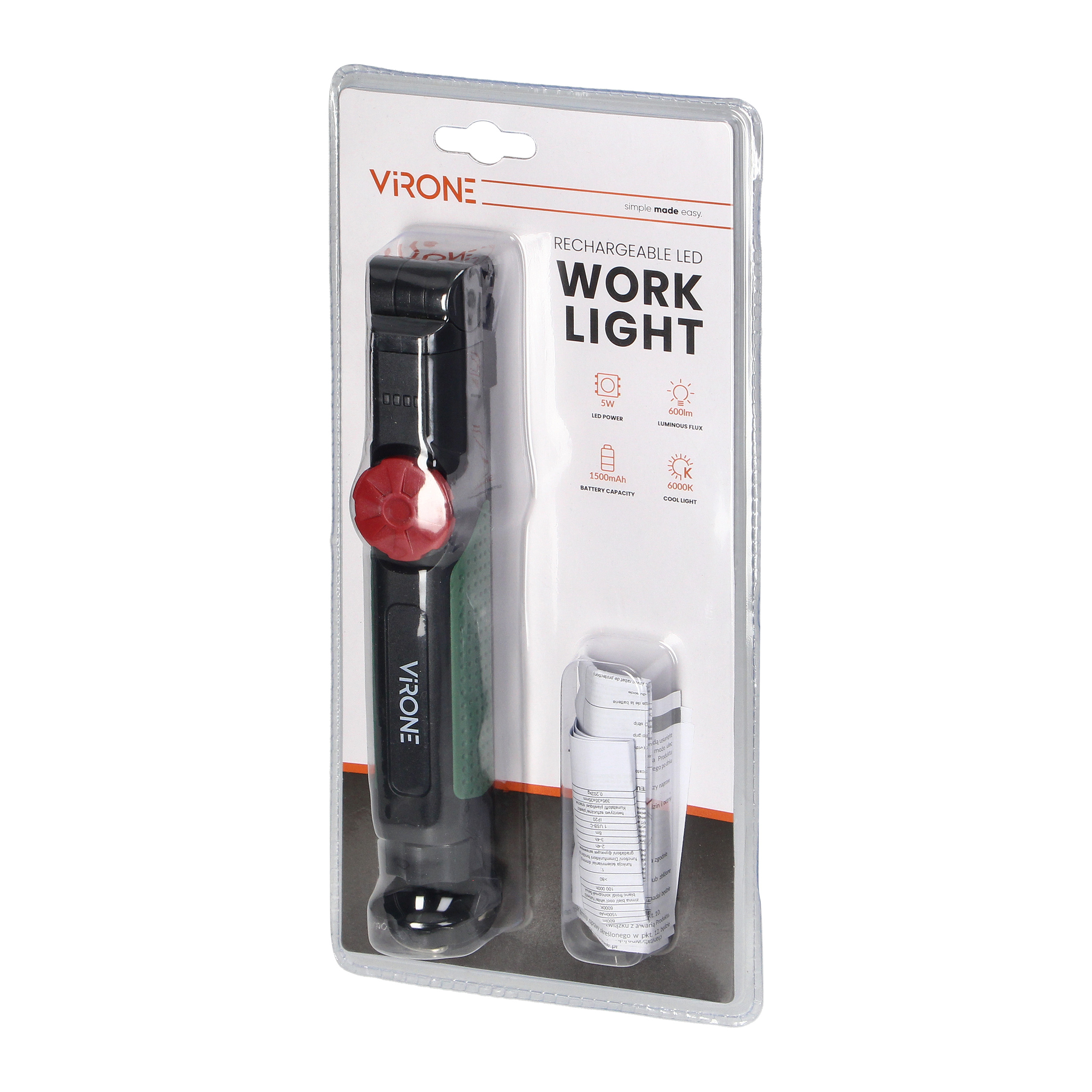 Lanterna de atelier LED, 5 W, 600 lm, 1500 mAh, negru