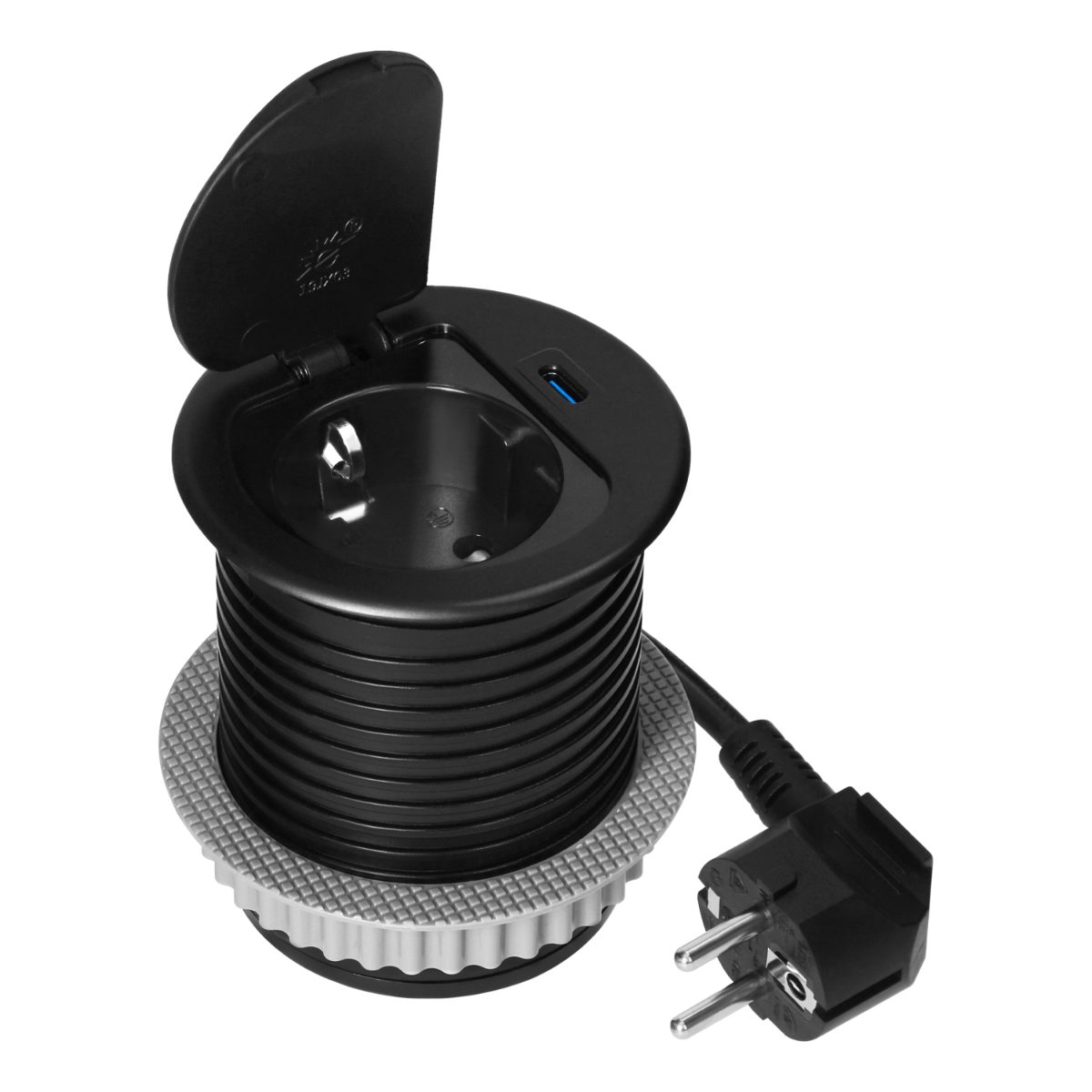 Priza incastrabila 1xSchuko 1xUSB tip C PD20W cablu 1.9m neagra