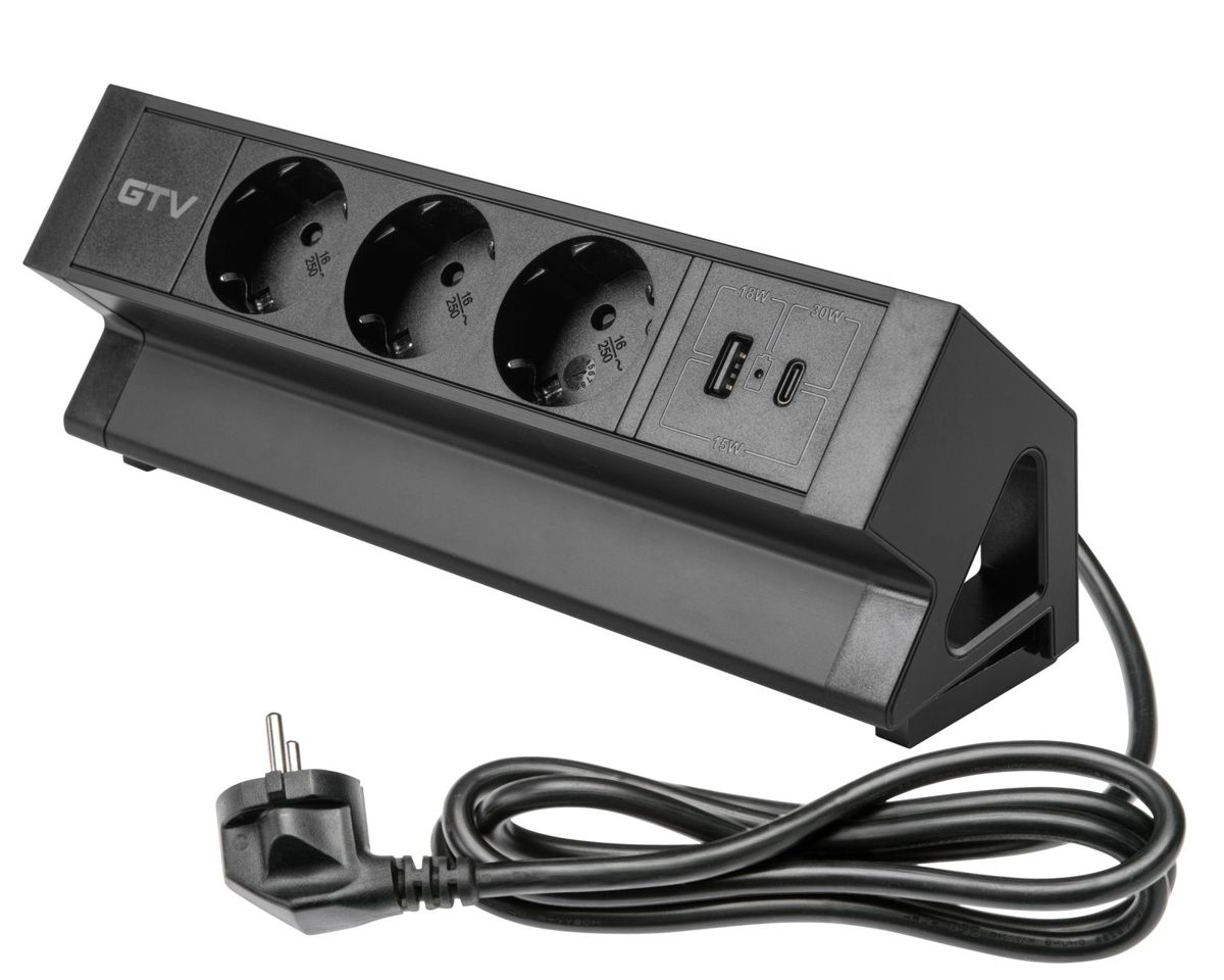 Priza mobilier Basco 3 x schuko USB A+C cablu 1.5m negru