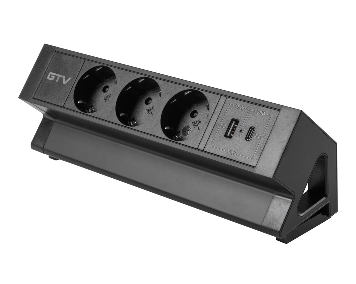 Priza mobilier Basco 3 x schuko USB A+C cablu 1.5m negru