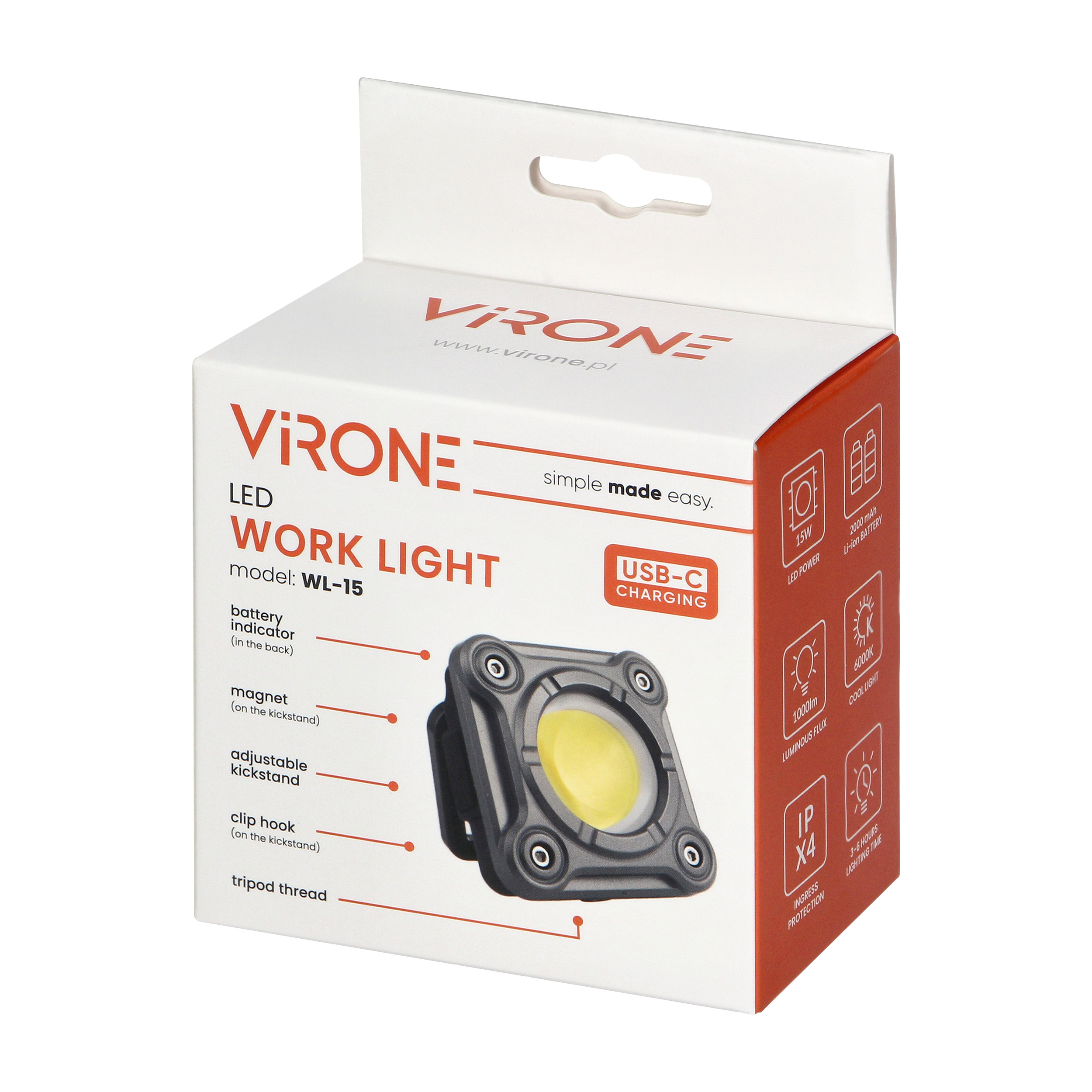 Proiector de lucru 15 W, 1000 lm, IPX4, baterie 2000 mAh