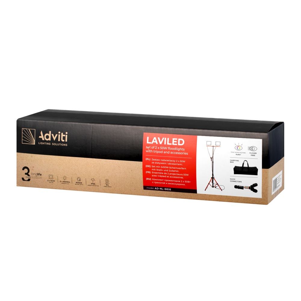 Set 2 proiectoare LED LAVILED 2x50W 9000lm 4000K CRI>90 IP65 cu trepied si geanta