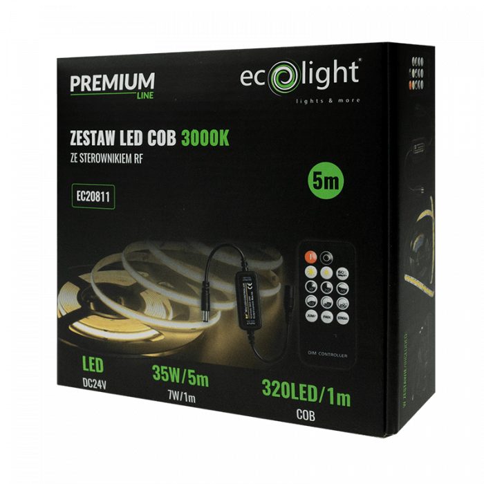 Set banda COB 24V 3000K 7W/m 630lm/m IP20 5m