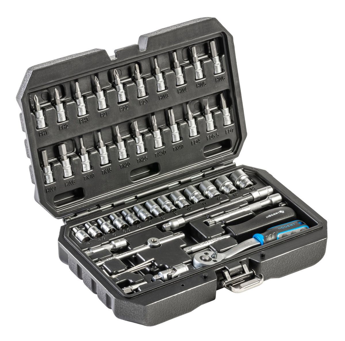 Set de unelte 46 buc otel CrV maner cu clichet 72T