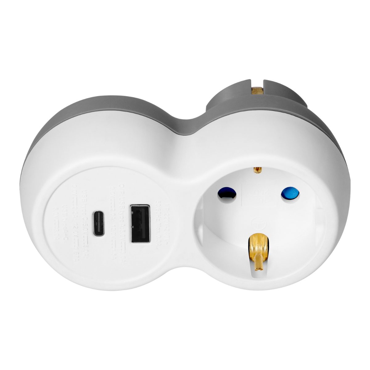 Splitter P+E cu incarcator USB-A+C schuko alb-gri