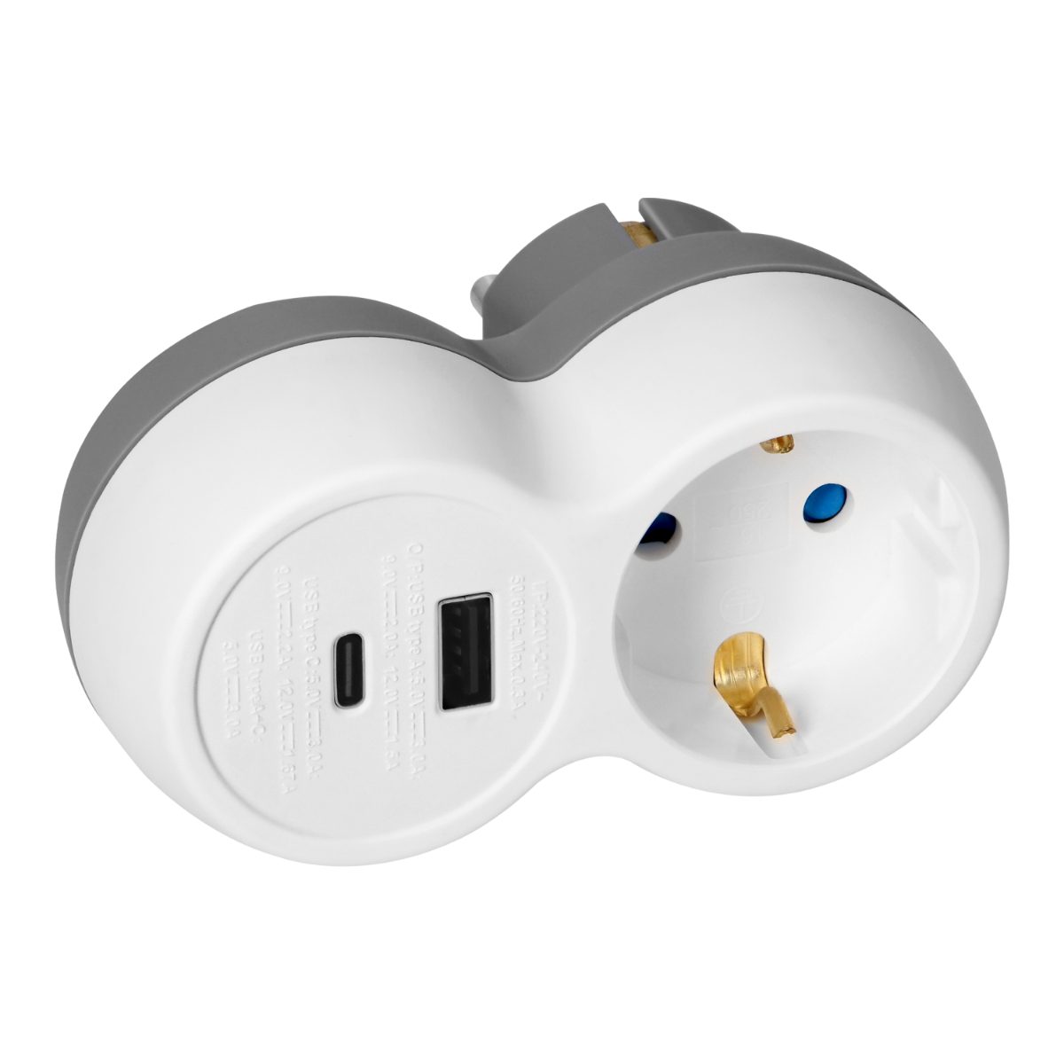 Splitter P+E cu incarcator USB-A+C schuko alb-gri