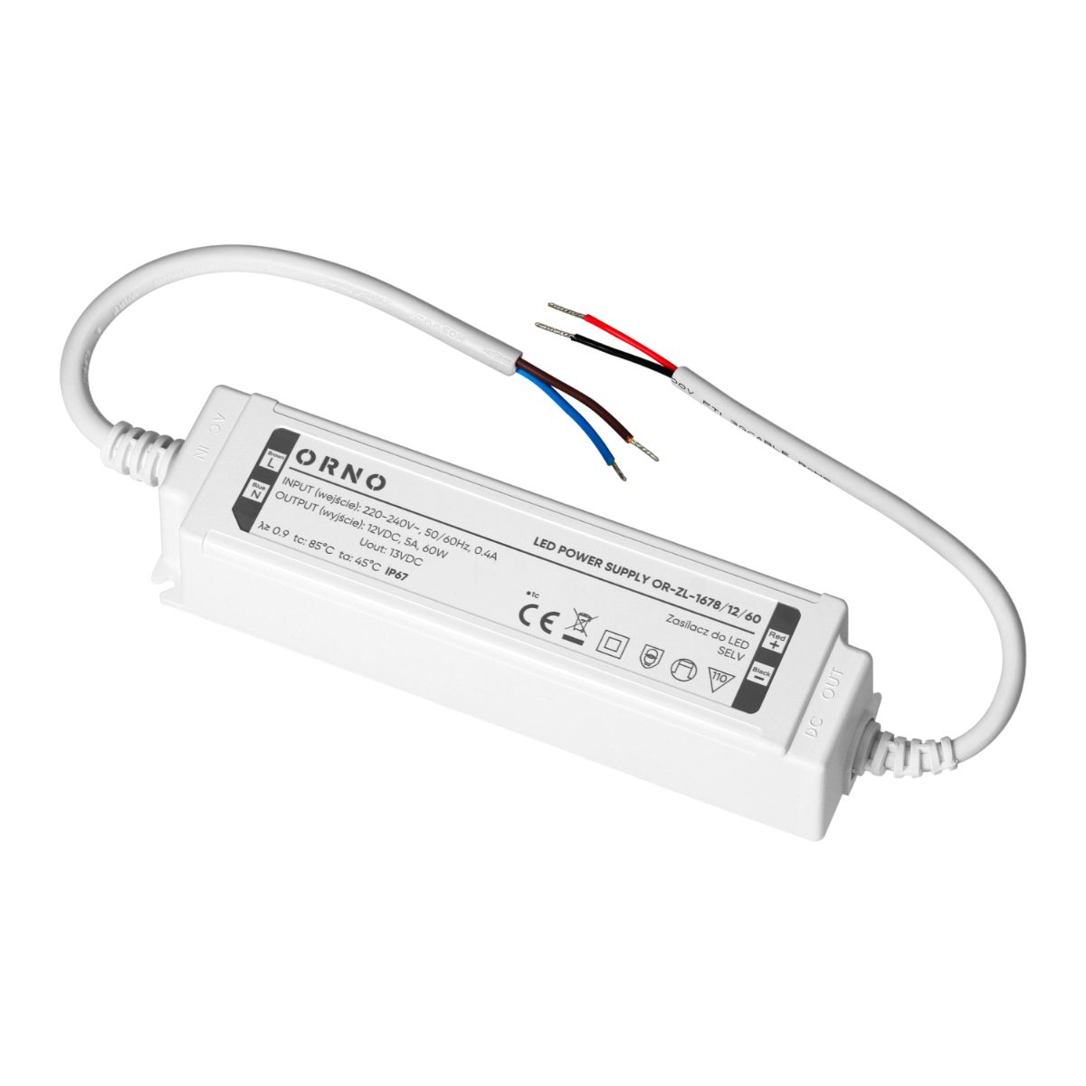 Transformator LED IP67 12V 60W 5A 170x34x43mm carcasa plastic